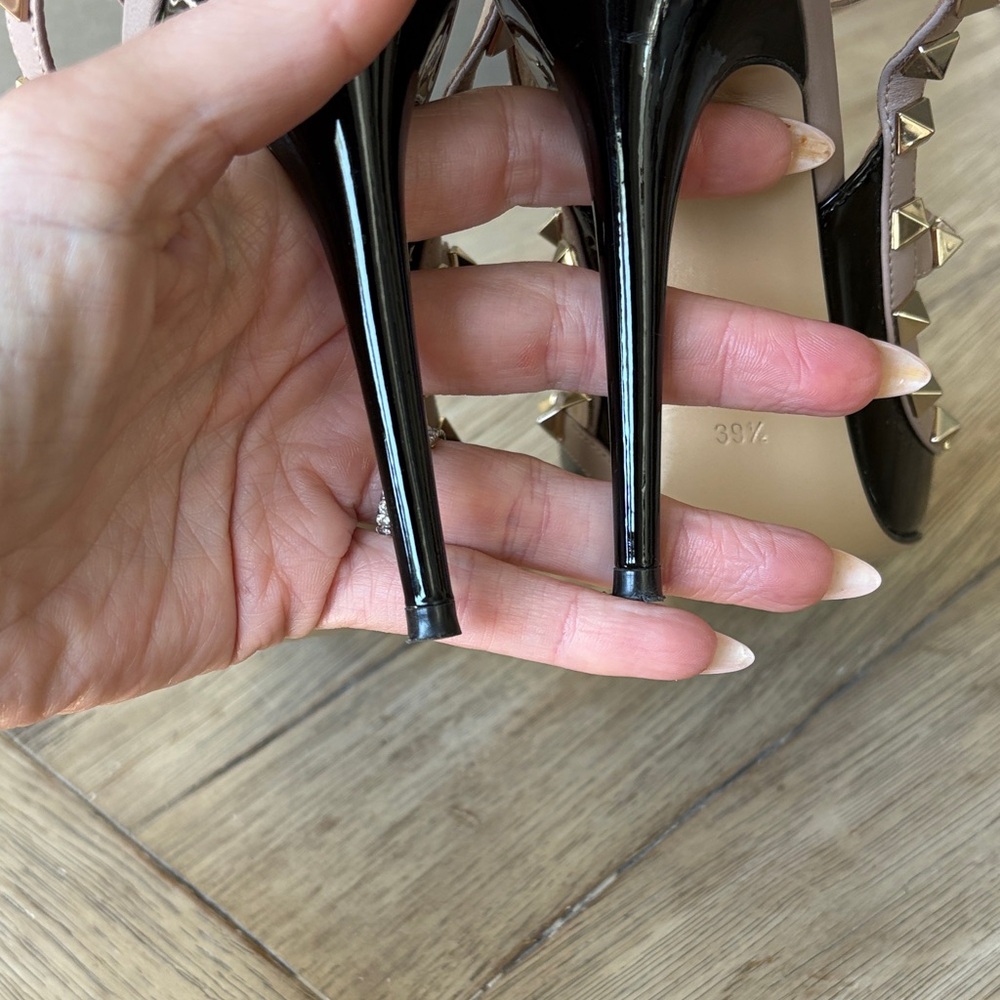 Valentino Black Patent Leather Rockstud T-Strap Heels with Nude Straps - Picture 3 of 6